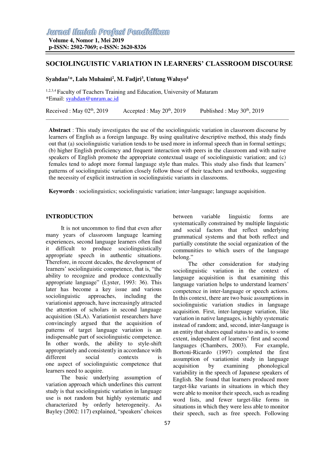 Sociolinguistic Variation in Learners' Classroom