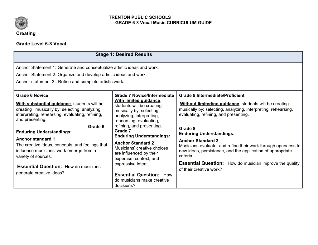 GRADE 6-8 Vocal Music CURRICULUM GUIDE