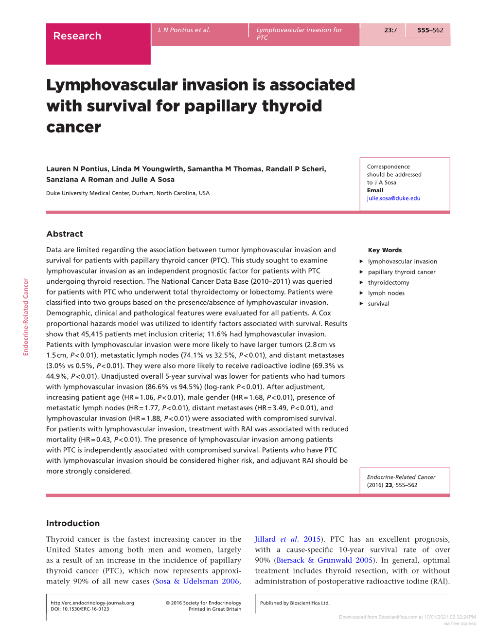 Lymphovascular Invasion Is Associated with Survival for Papillary Thyroid Cancer