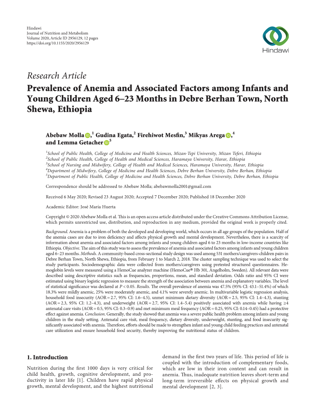 Prevalence of Anemia and Associated Factors Among Infants and Young Children Aged 6–23 Months in Debre Berhan Town, North Shewa, Ethiopia