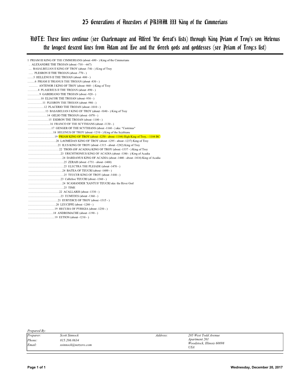 25 Generations of Ancestors of PRIAM III King of the Cimmerians NOTE