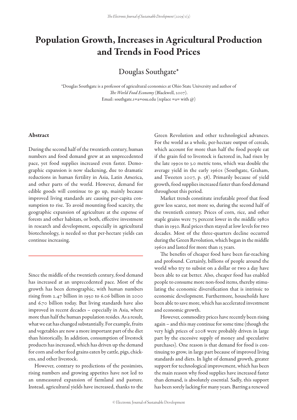 Population Growth, Increases in Agricultural Production and Trends in Food Prices