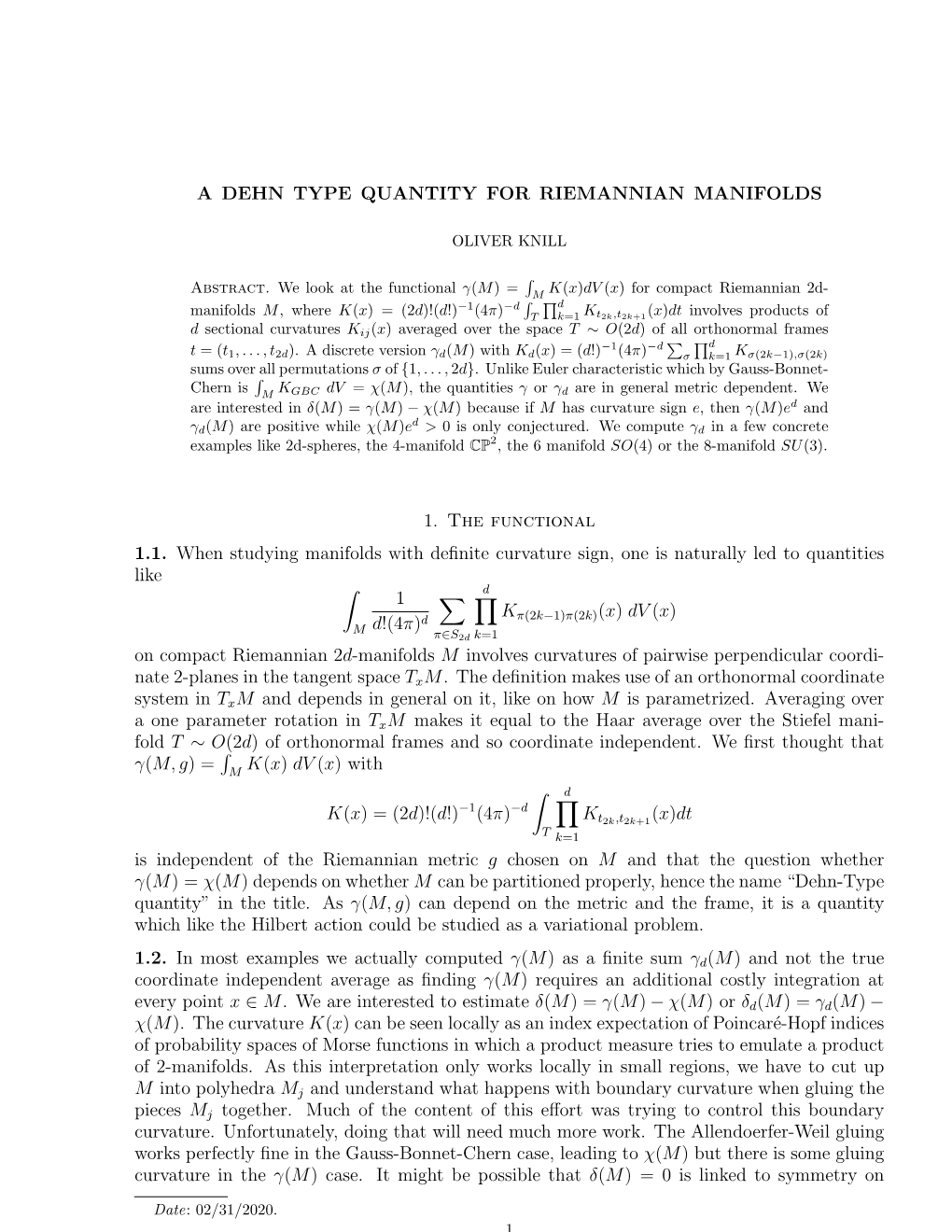 A DEHN TYPE QUANTITY for RIEMANNIAN MANIFOLDS 1. The