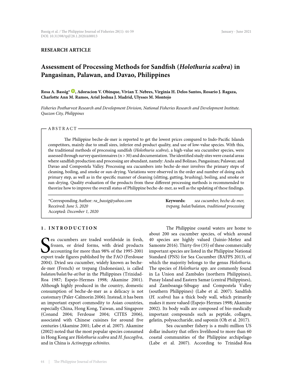 Assessment of Processing Methods for Sandfish (Holothuria Scabra) in Pangasinan, Palawan, and Davao, Philippines