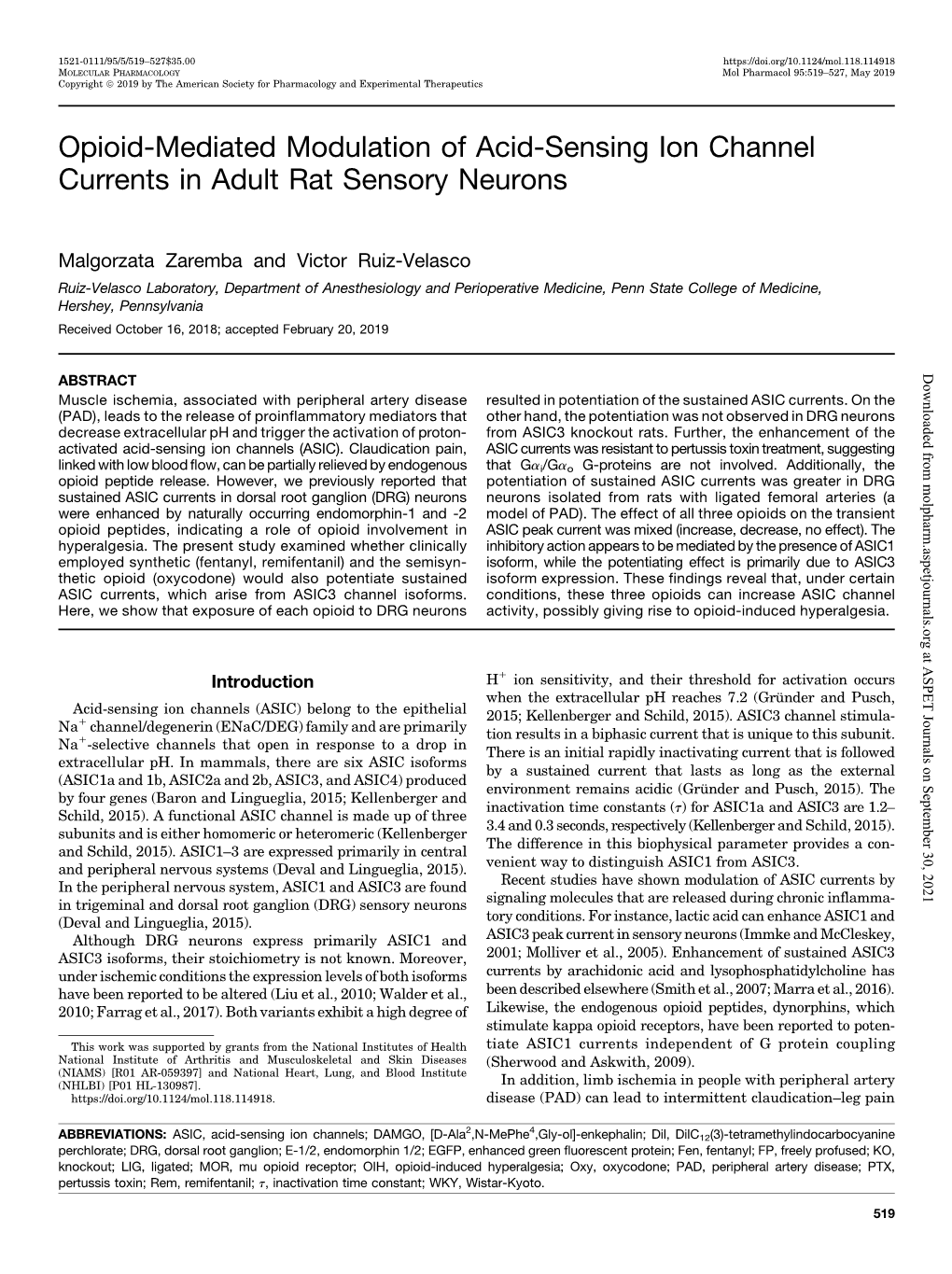 Opioid-Mediated Modulation of Acid-Sensing Ion Channel Currents in Adult Rat Sensory Neurons