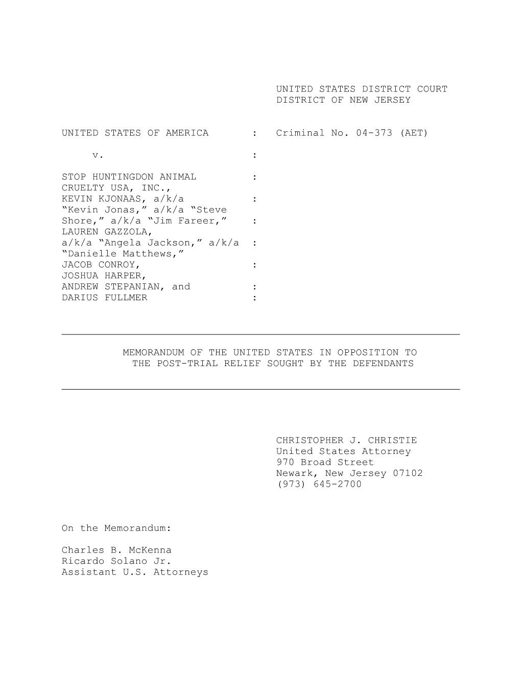 20060522-SHAC 7 Memorandum in Opposition to Post-Trial