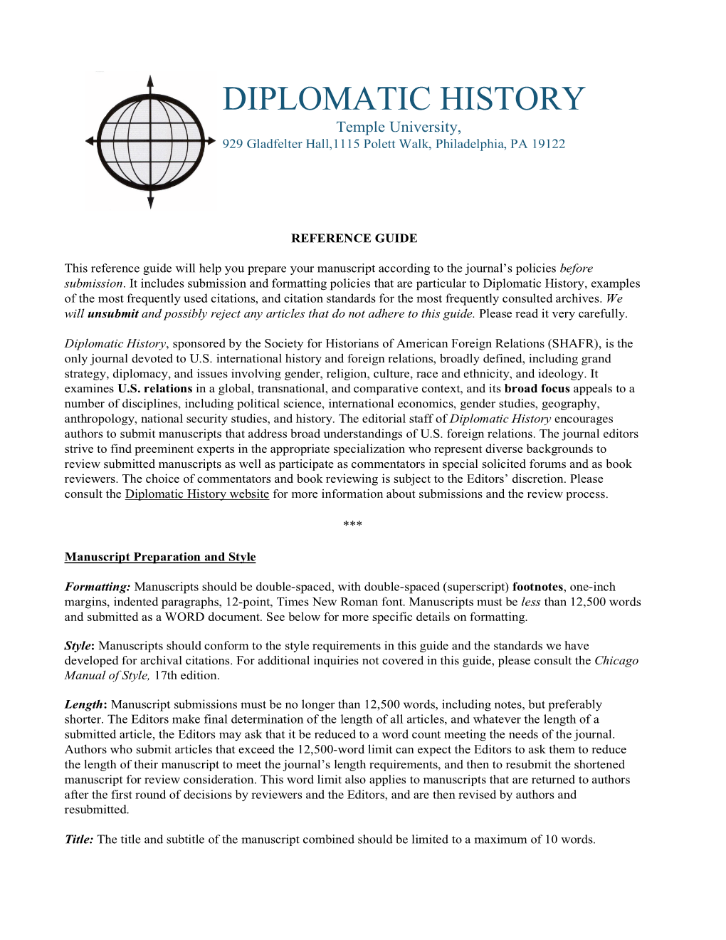 Diplomatic History Reference Guide