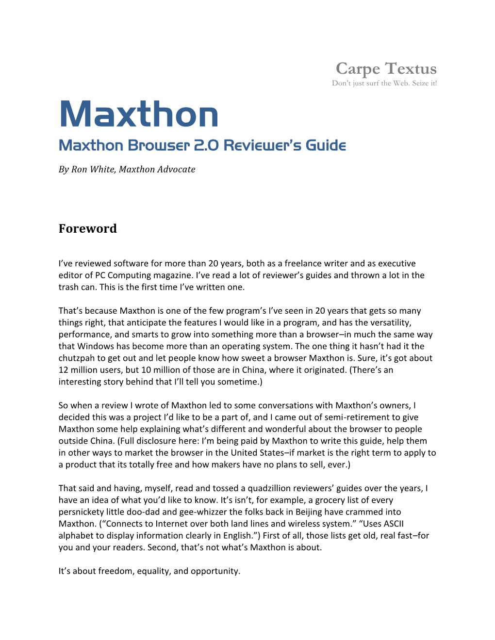 Maxthon Browser 2.0 Reviewer’S Guide