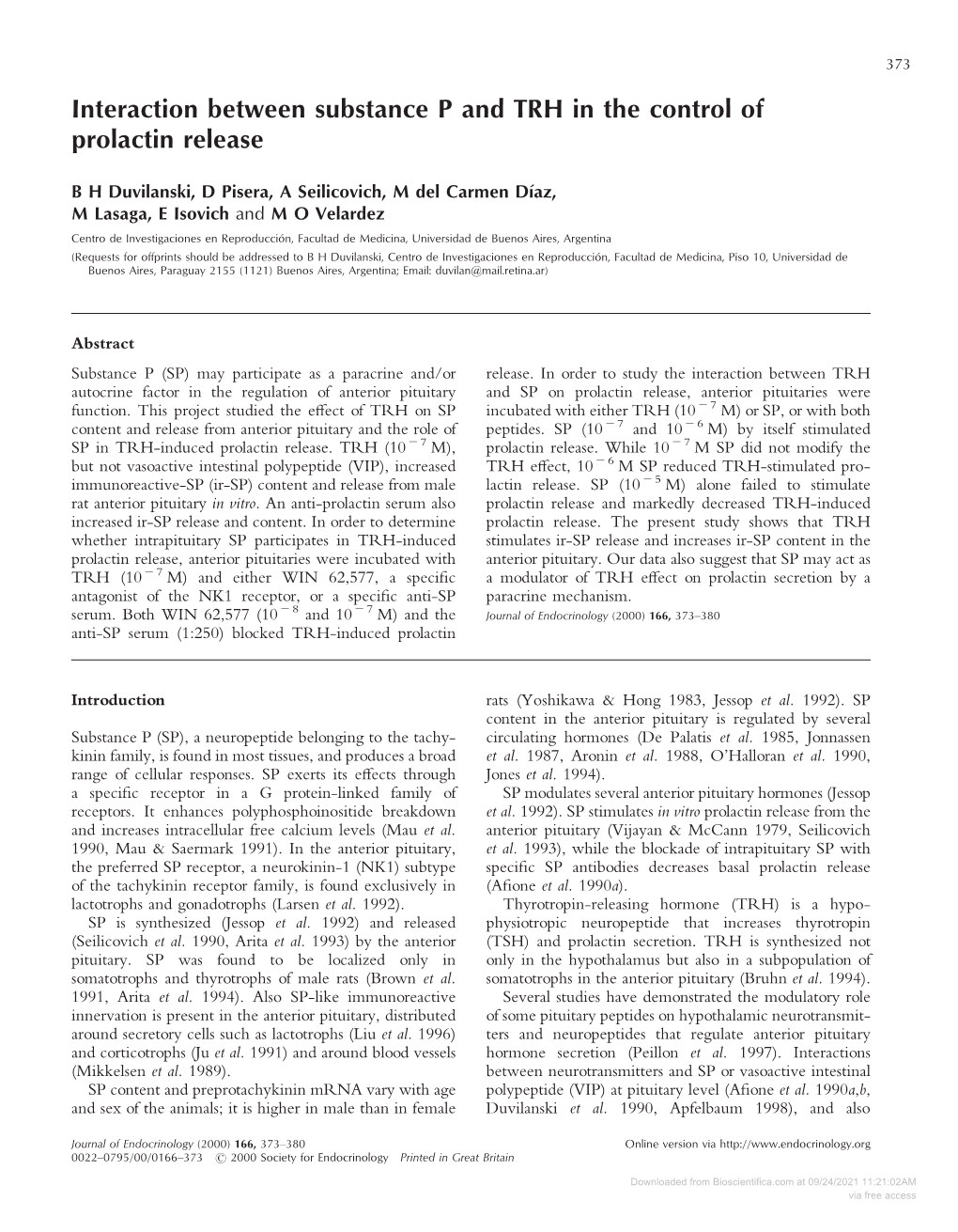 Interaction Between Substance P and TRH in the Control of Prolactin Release