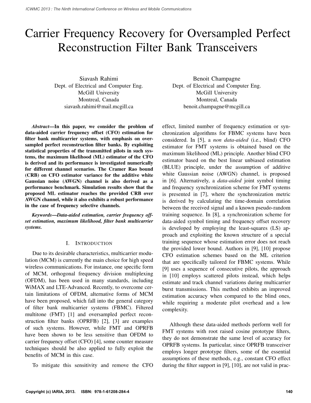 Carrier Frequency Recovery for Oversampled Perfect Reconstruction Filter Bank Transceivers