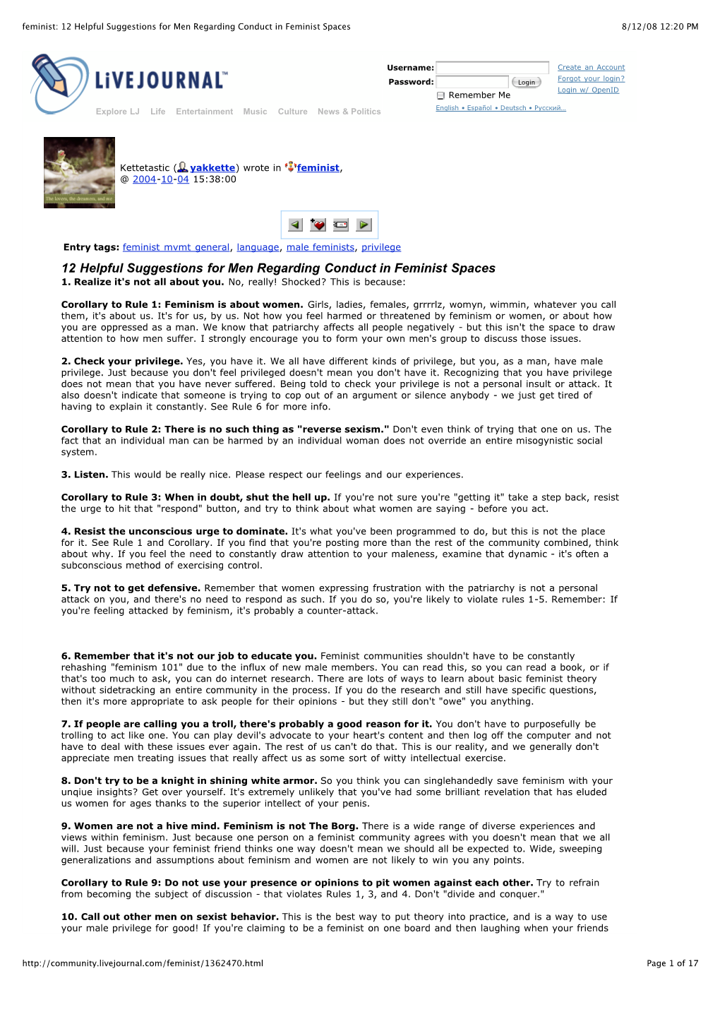 Feminist: 12 Helpful Suggestions for Men Regarding Conduct in Feminist Spaces 8/12/08 12:20 PM