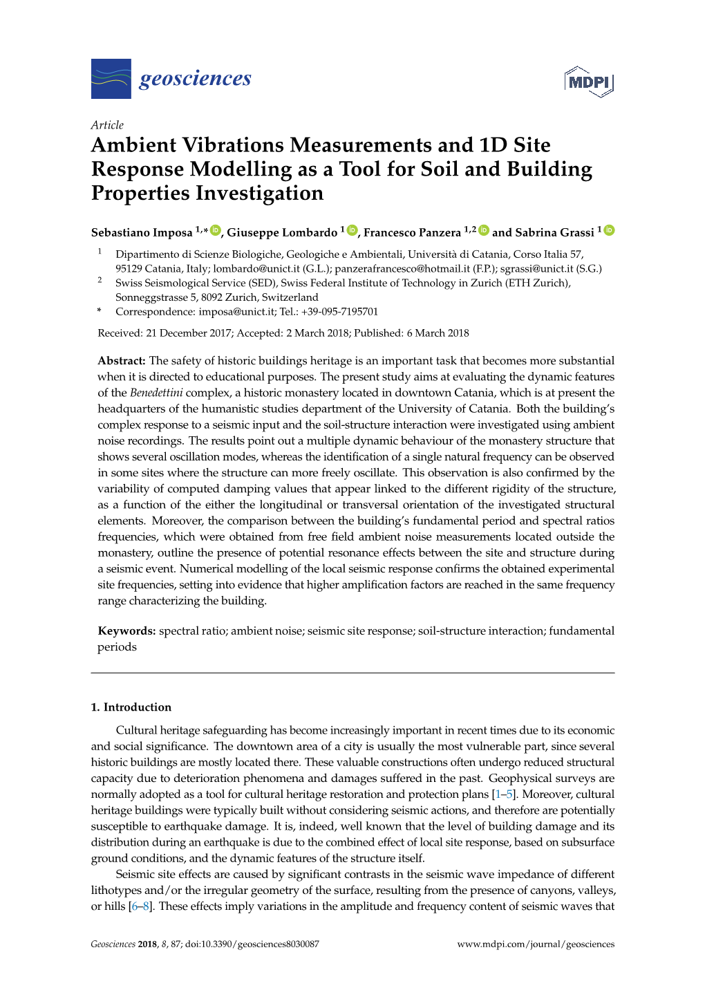 Ambient Vibrations Measurements and 1D Site Response Modelling As a Tool for Soil and Building Properties Investigation