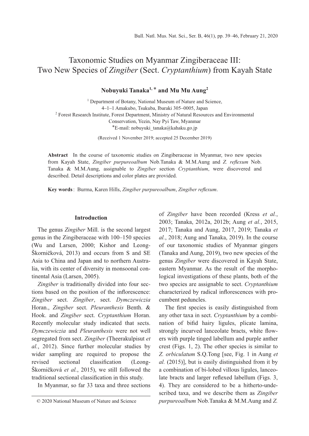 Taxonomic Studies on Myanmar Zingiberaceae III: Two New Species of Zingiber (Sect. Cryptanthium) from Kayah State