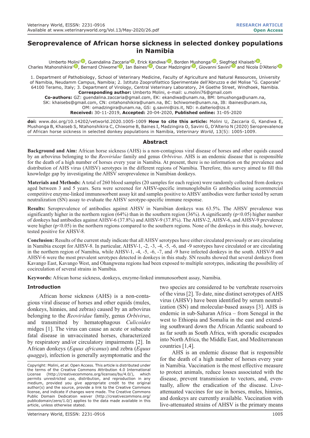 Seroprevalence of African Horse Sickness in Selected Donkey Populations in Namibia