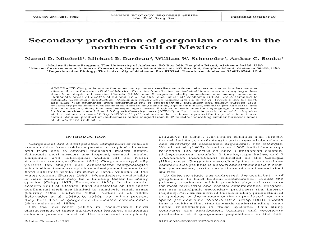 Secondary Production of Gorgonian Corals in the Northern Gulf of Mexico