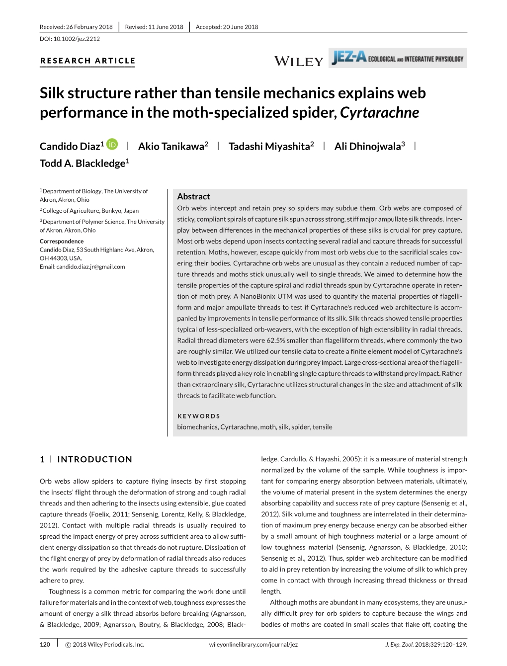 Silk Structure Rather Than Tensile Mechanics Explains Web Performance in the Moth-Specialized Spider, Cyrtarachne