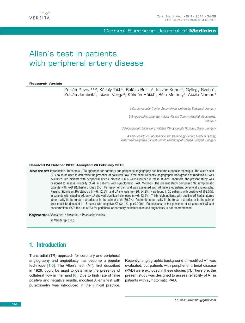 Allen's Test in Patients with Peripheral Artery Disease