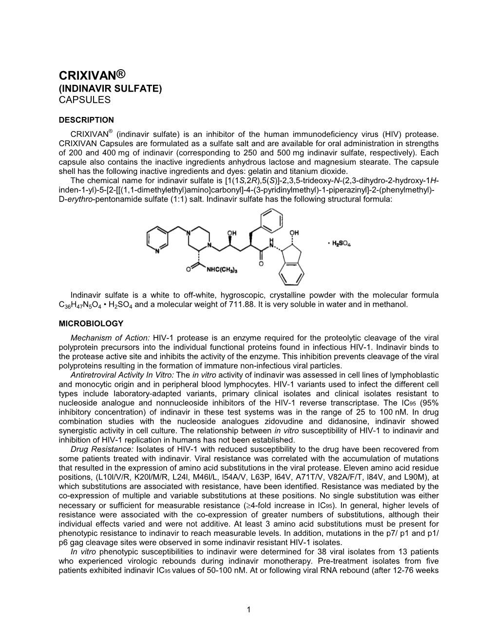 Crixivan® (Indinavir Sulfate) Capsules