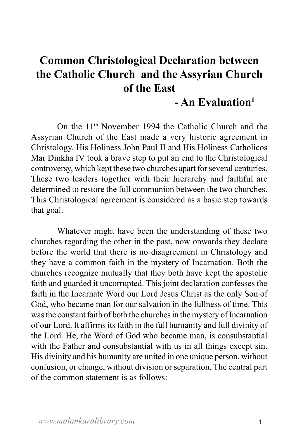 Common Christological Declaration Between the Catholic Church and the Assyrian Church of the East - an Evaluation1