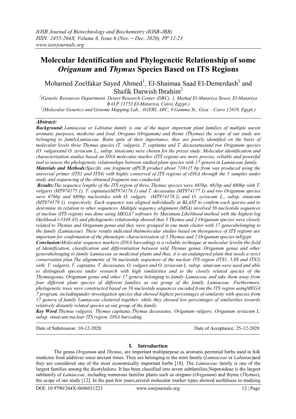 Molecular Identification and Phylogenetic Relationship of Some Origanum and Thymus Species Based on ITS Regions