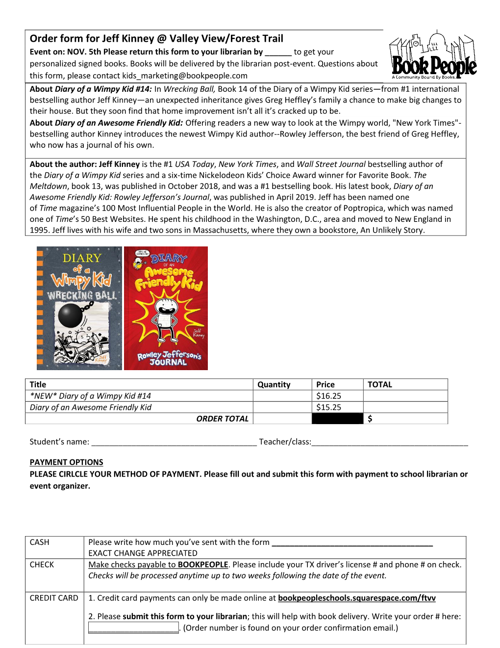 Order Form for Jeff Kinney @ Valley View/Forest Trail Event On: NOV