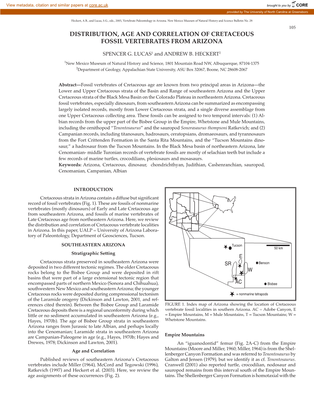 Distribution, Age and Correlation of Cretaceous Fossil Vertebrates from Arizona