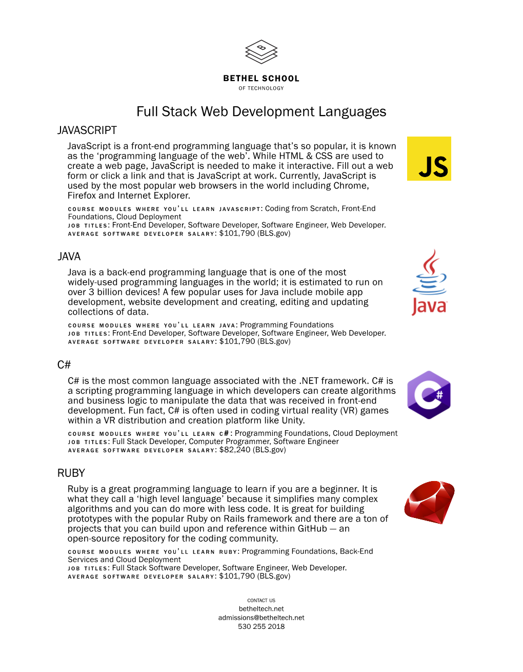 Full Stack Web Development Languages JAVASCRIPT Javascript Is a Front-End Programming Language That’S So Popular, It Is Known As the ‘Programming Language of the Web’