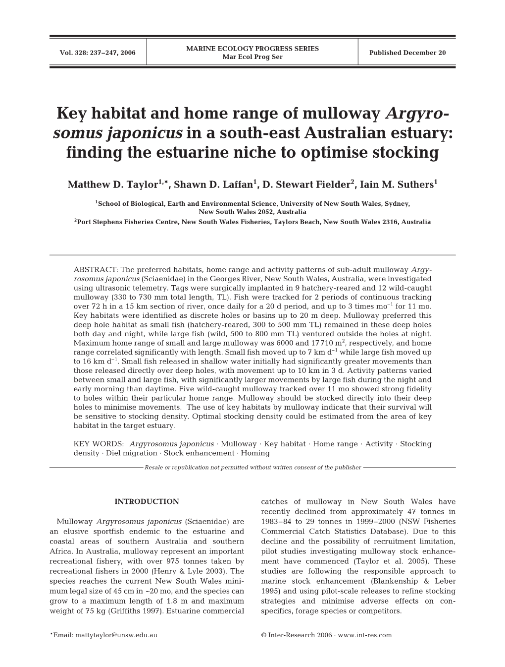 Key Habitat and Home Range of Mulloway Argyrosomus Japonicus
