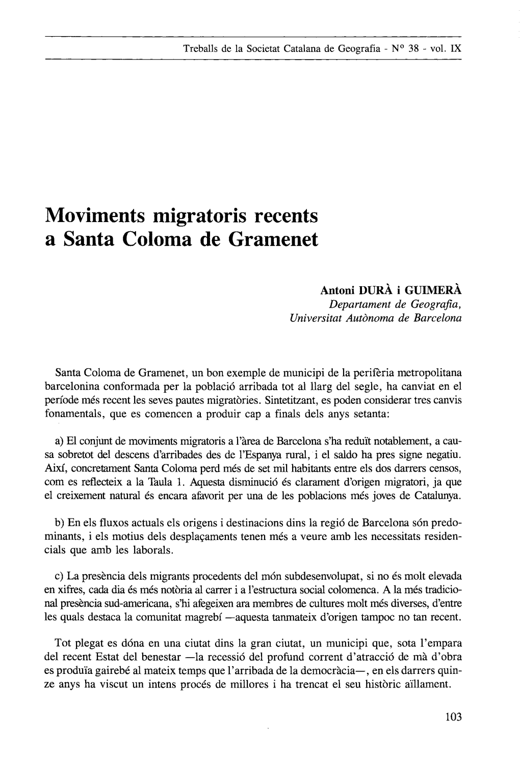 Moviments Migratoris Recents a Santa Coloma De Gramenet