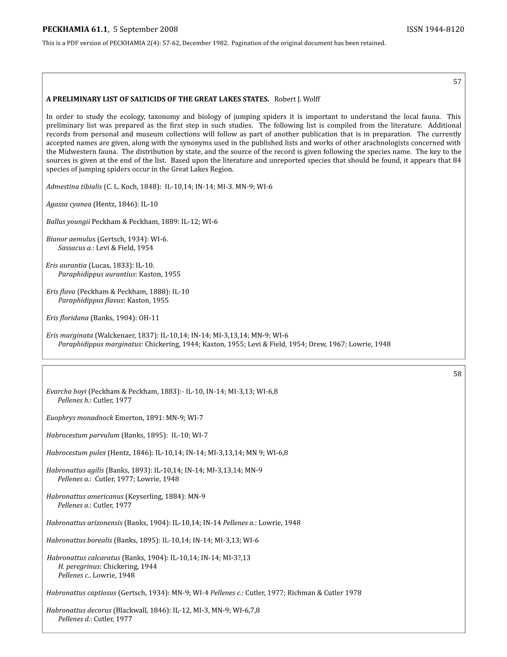 PECKHAMIA 61.1, 5 September 2008 ISSN 1944-8120 This Is a PDF Version of PECKHAMIA 2(4): 57-62, December 1982