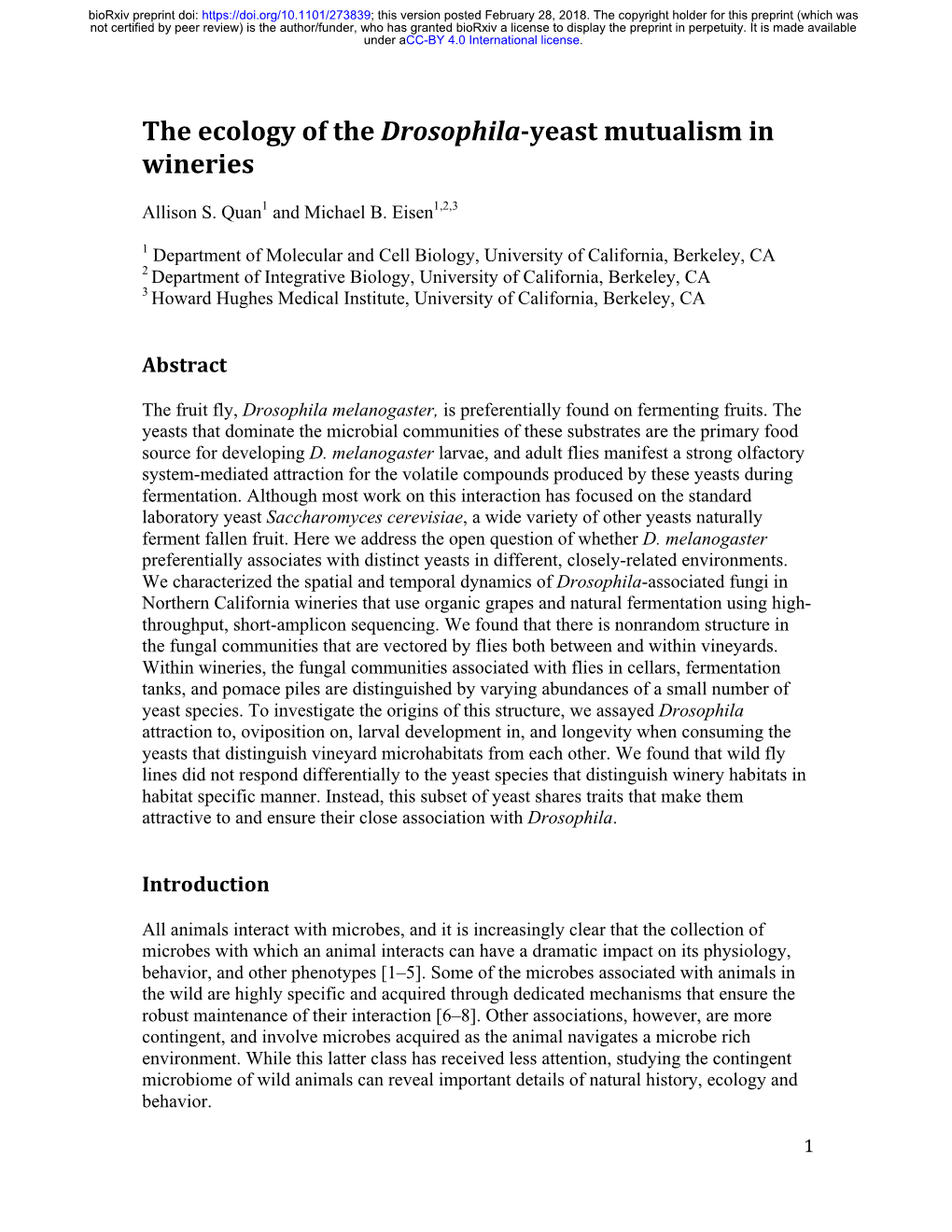 The Ecology of the Drosophila-Yeast Mutualism in Wineries