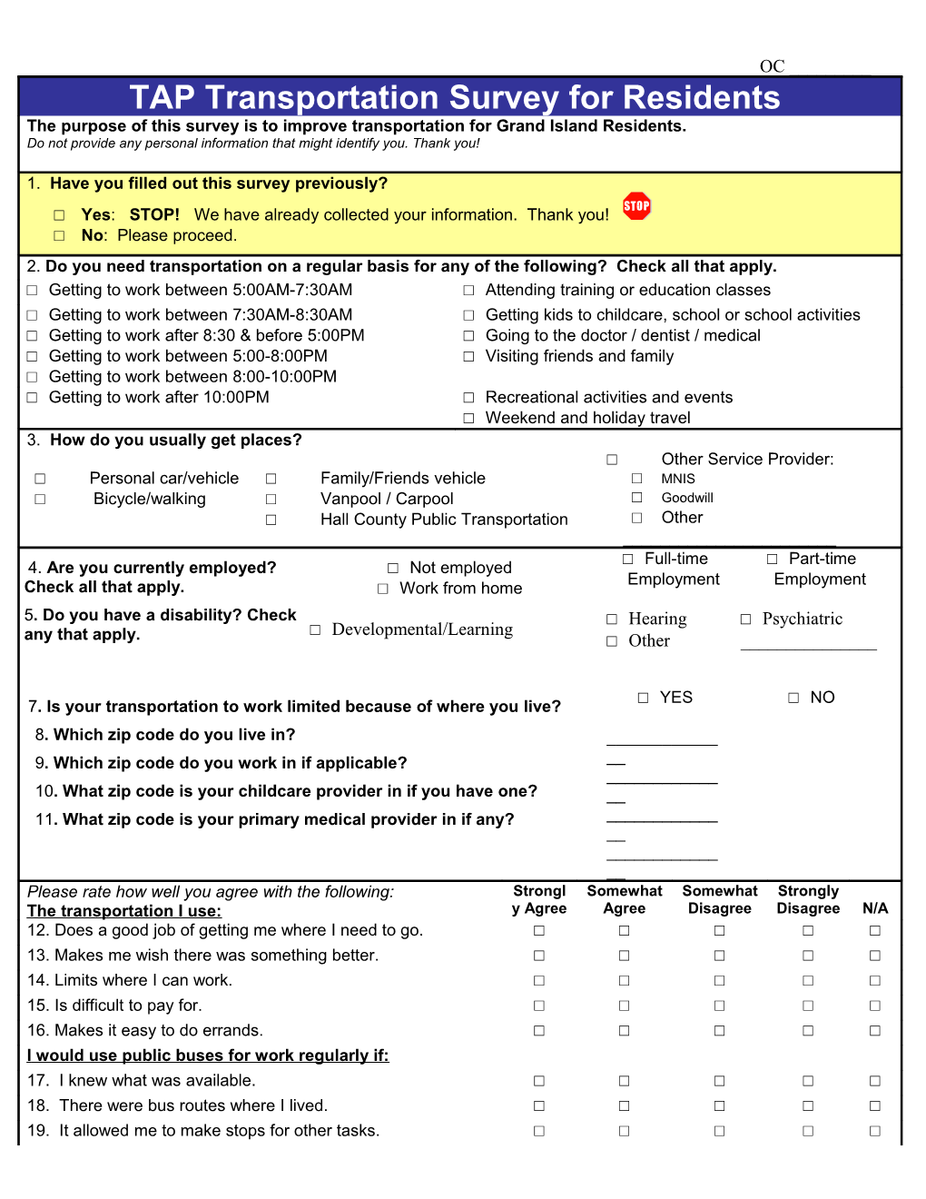 TAP Transportation Survey