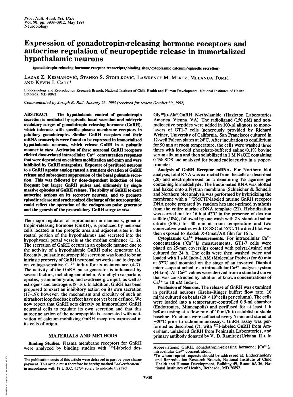 Hypothalamic Neurons (Gonadotropin-Releasing Hormone Receptor Transcripts/Binding Sites/Cytoplasmic Calcium/Episodic Secretion) LAZAR Z