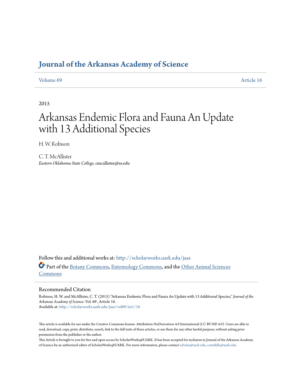 Arkansas Endemic Flora and Fauna an Update with 13 Additional Species H