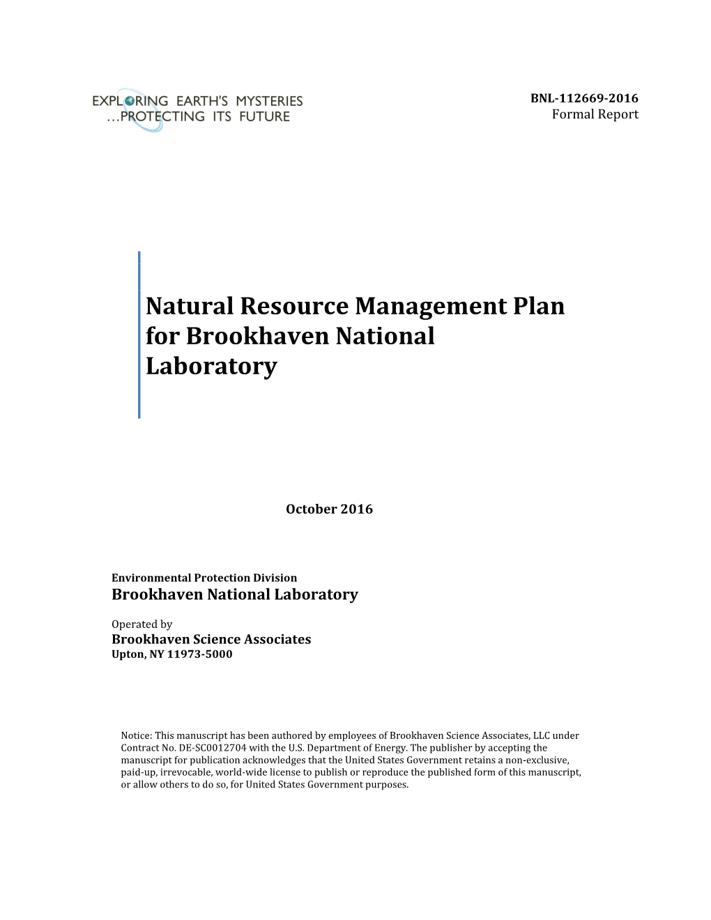 Natural Resource Management Plan for Brookhaven National Laboratory