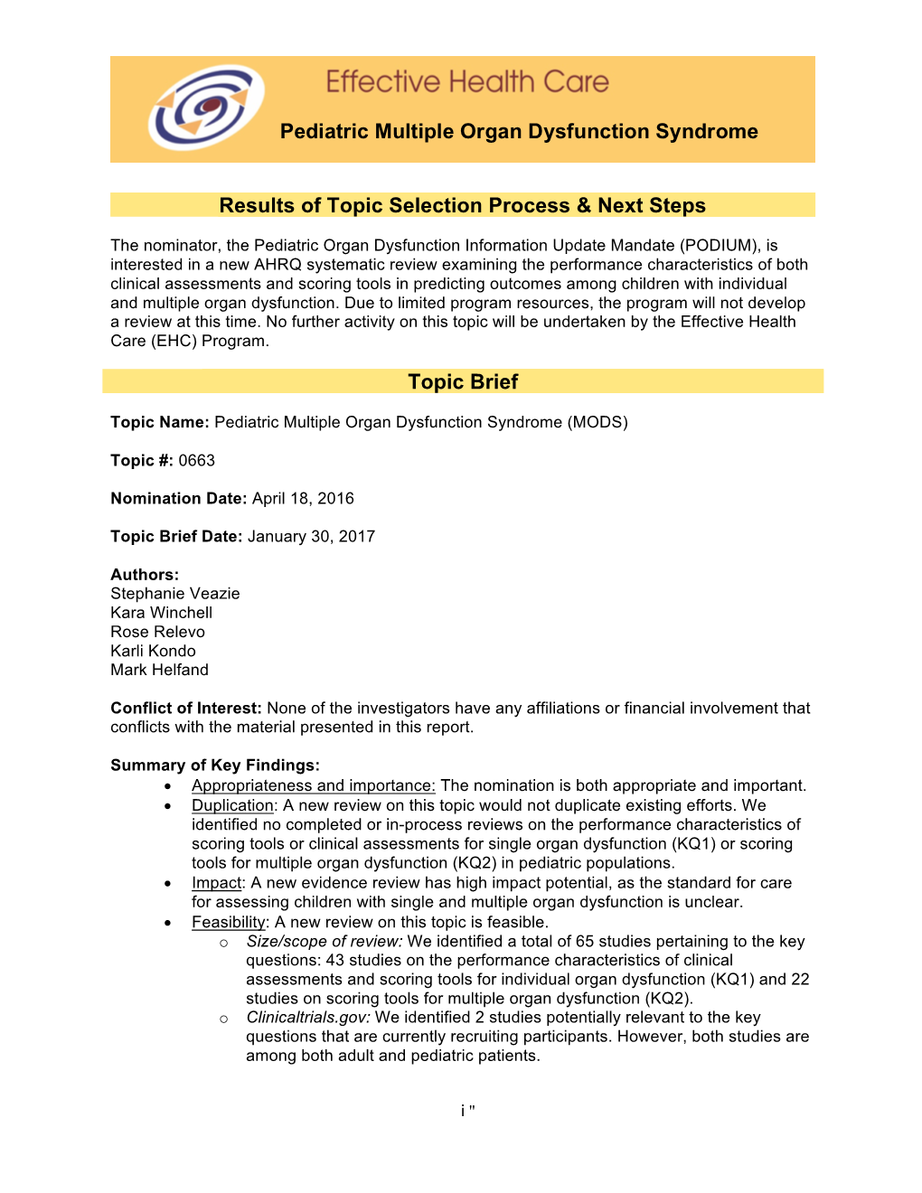 0663 Pediatric MODS Topic Brief 2.2.17