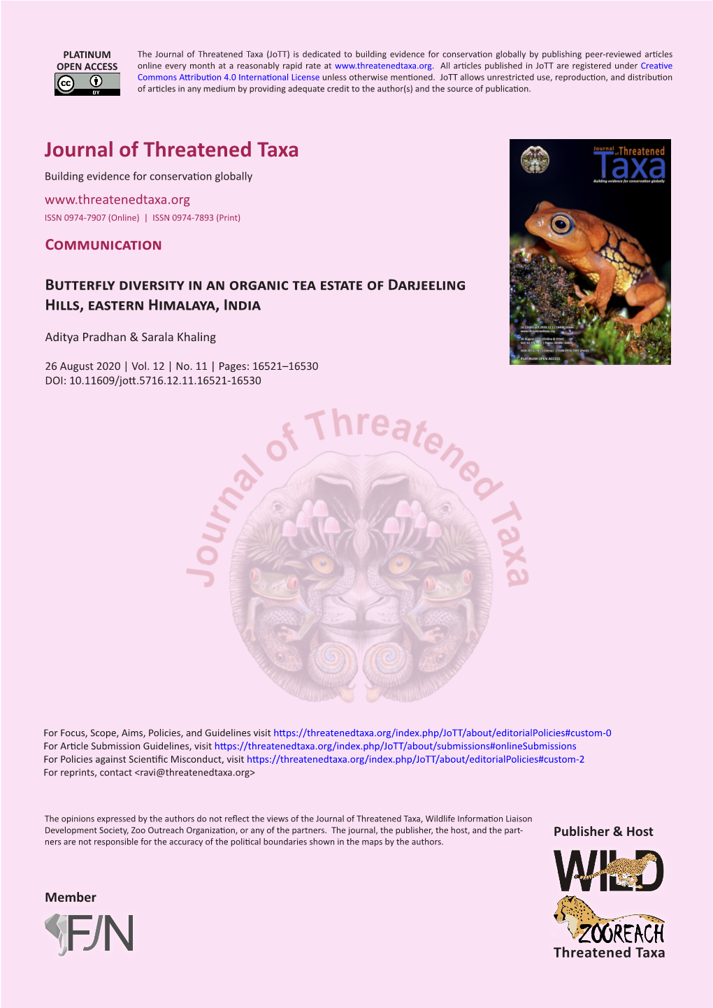 Butterfly Diversity in an Organic Tea Estate of Darjeeling Hills, Eastern Himalaya, India