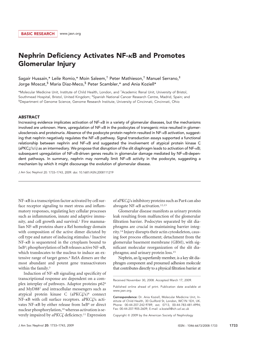 Nephrin Deficiency Activates NF-B and Promotes Glomerular Injury