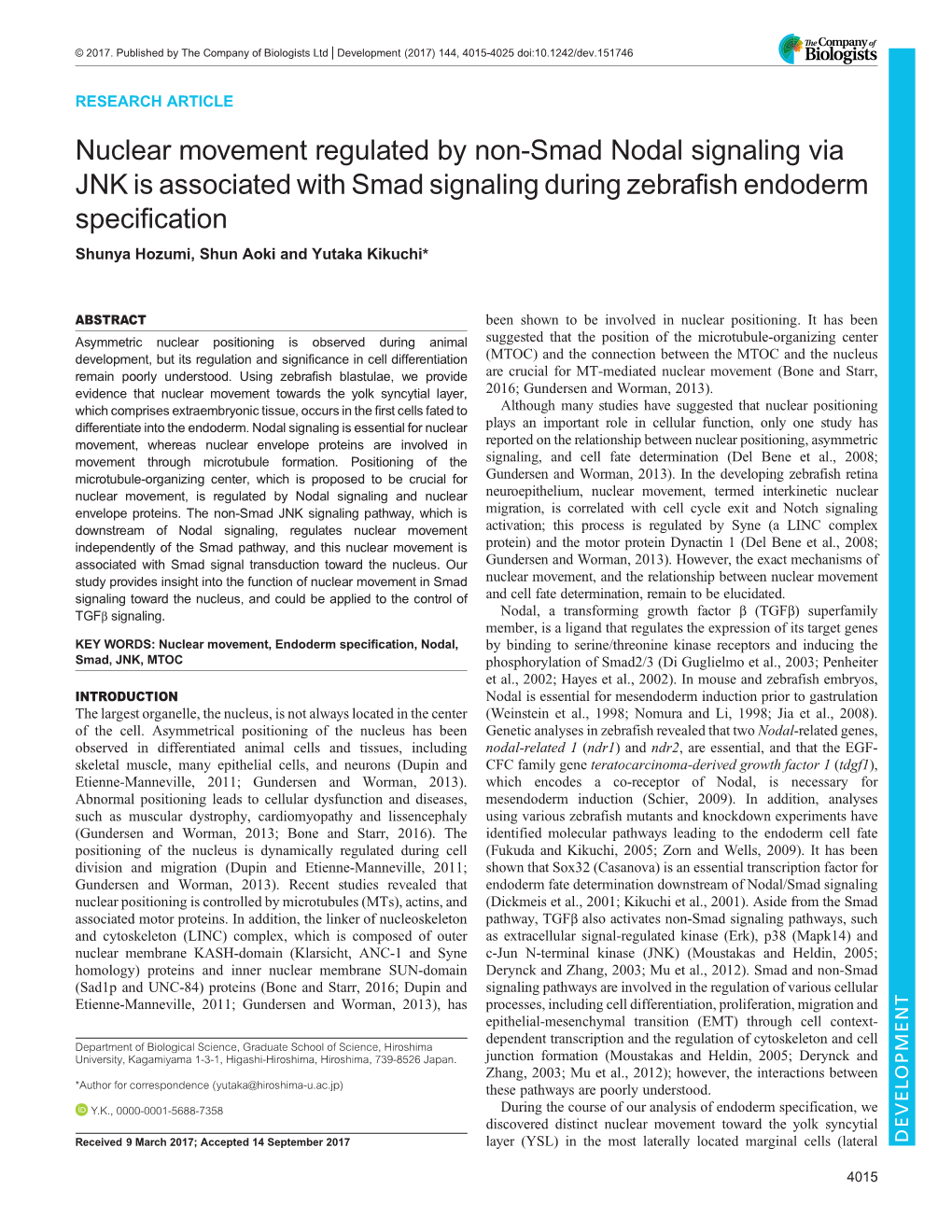 Nuclear Movement Regulated by Non-Smad Nodal Signaling Via JNK