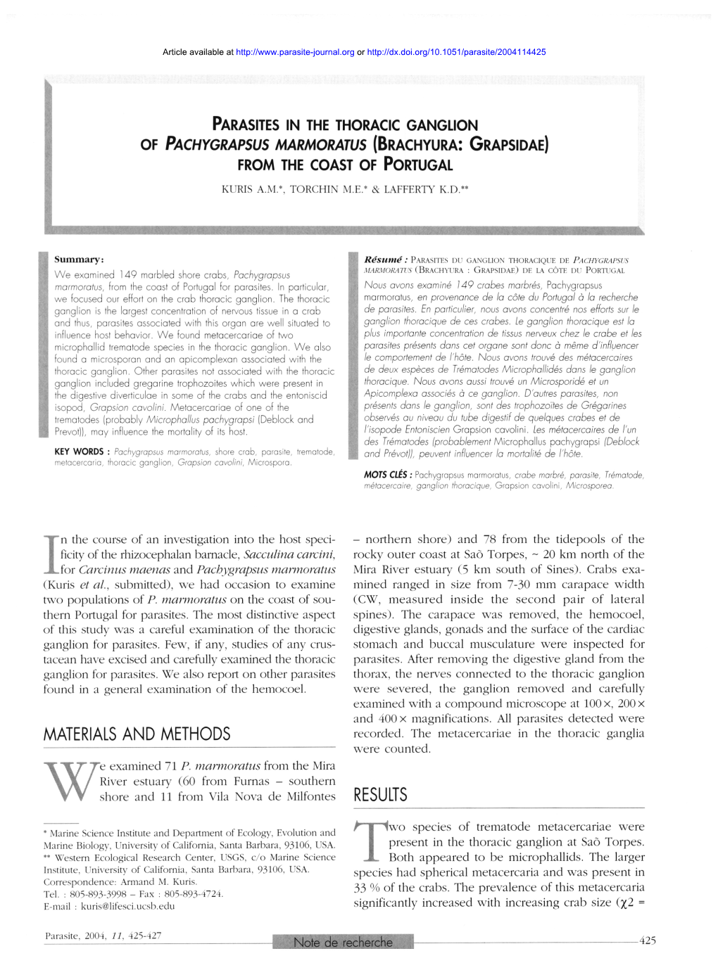 Parasites in the Thoracic Ganglion of Pachygrapsus Marmoratus