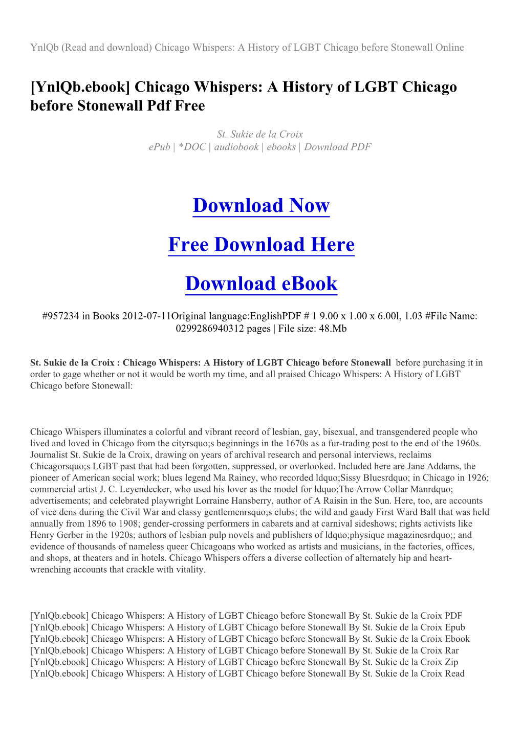 Chicago Whispers: a History of LGBT Chicago Before Stonewall Online