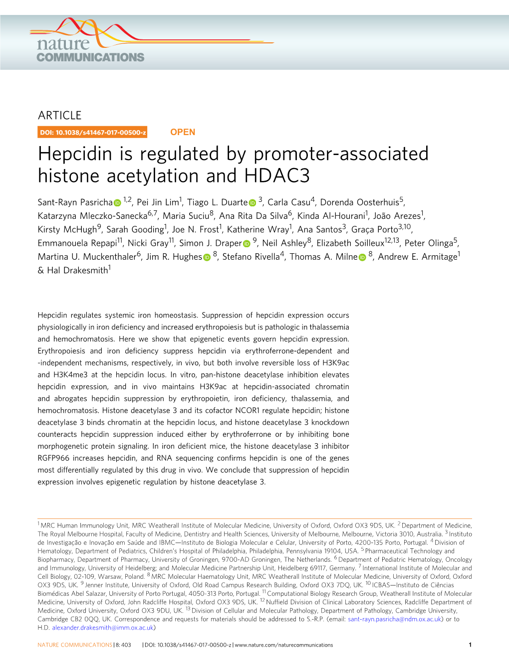 Hepcidin Is Regulated by Promoter-Associated Histone Acetylation and HDAC3