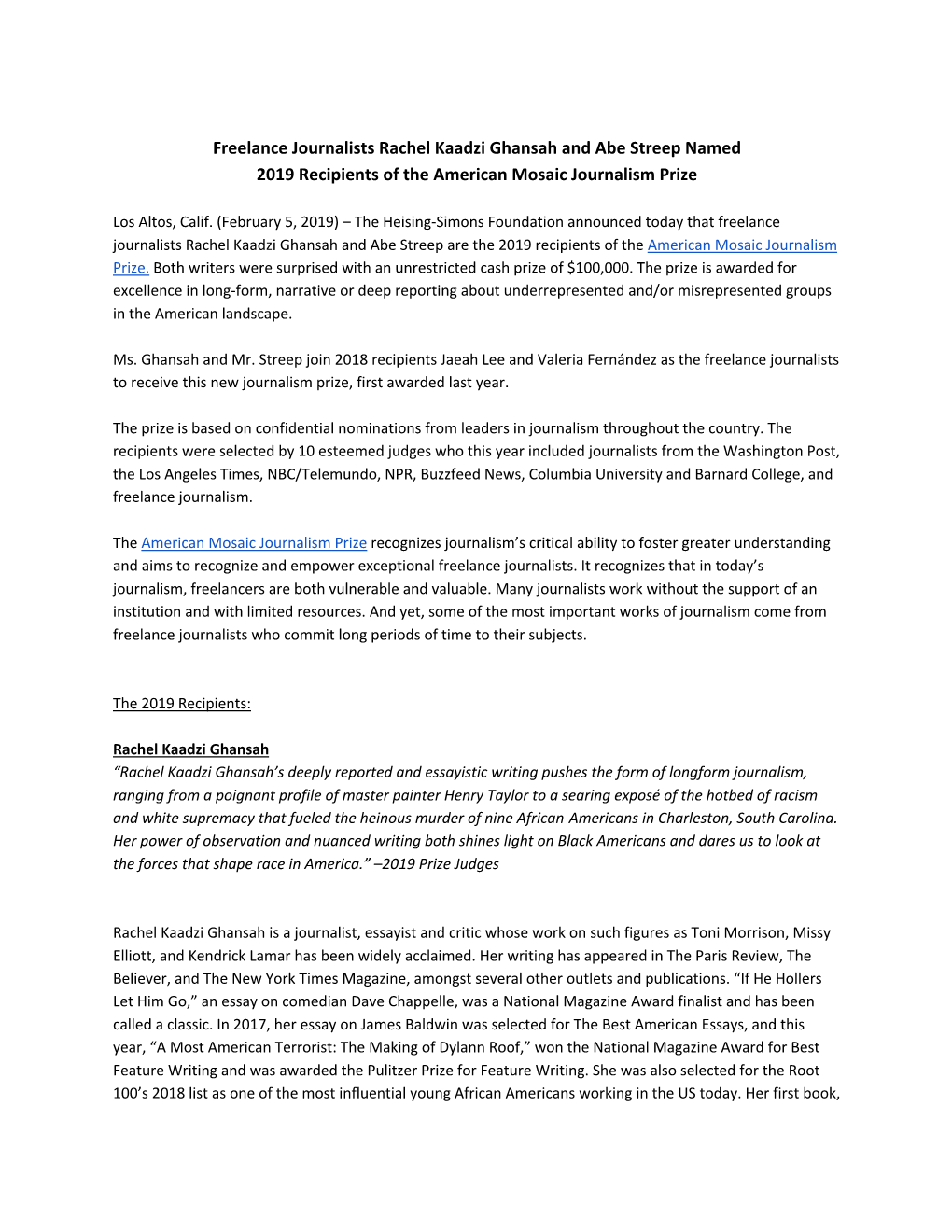 Freelance Journalists Rachel Kaadzi Ghansah and Abe Streep Named 2019 Recipients of the American Mosaic Journalism Prize