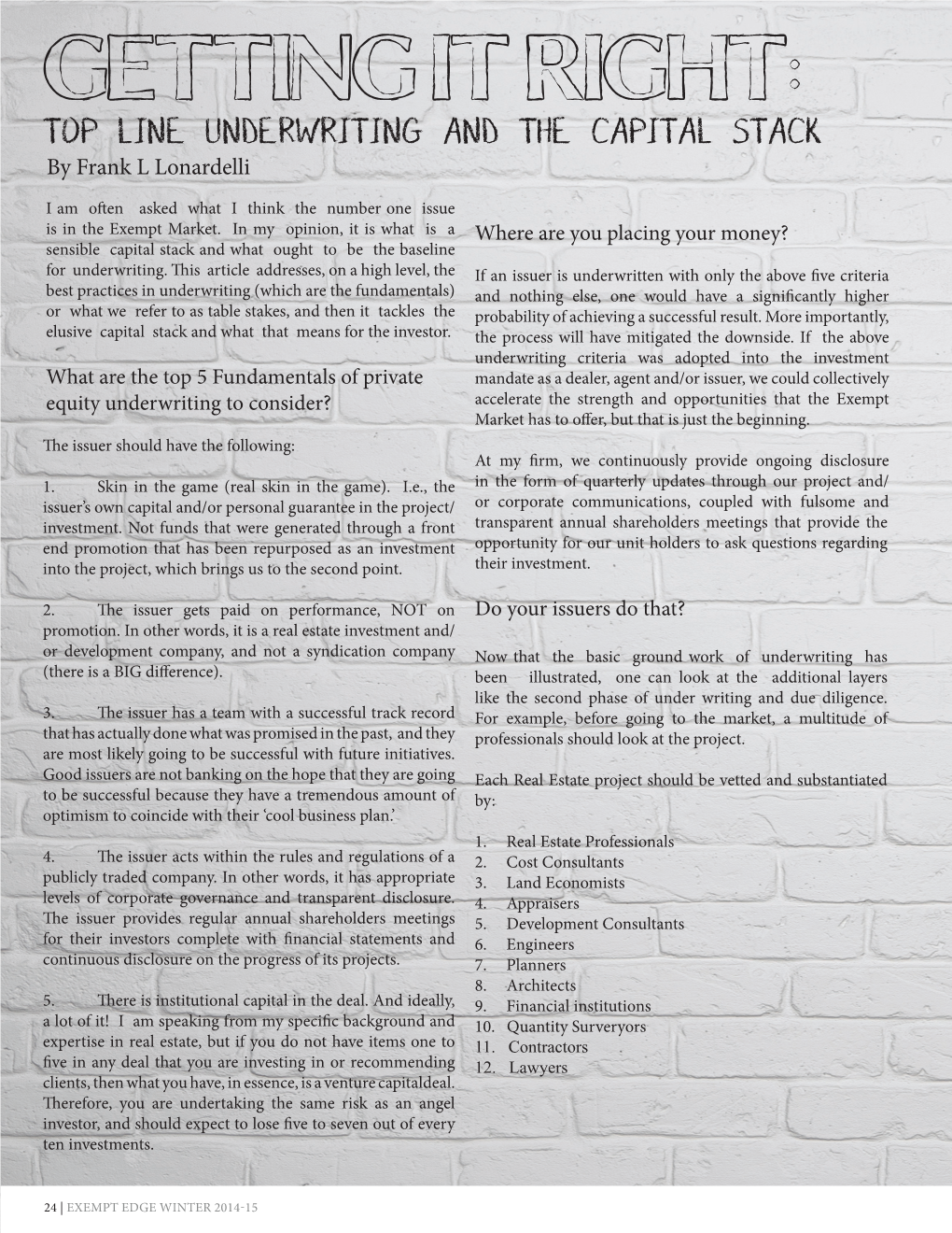 Getting It Right: TOP LINE UNDERWRITING and the CAPITAL STACK by Frank L Lonardelli