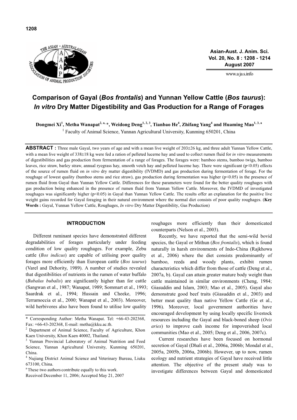 Comparison of Gayal (Bos Frontalis) and Yunnan Yellow Cattle (Bos Taurus): in Vitro Dry Matter Digestibility and Gas Production for a Range of Forages