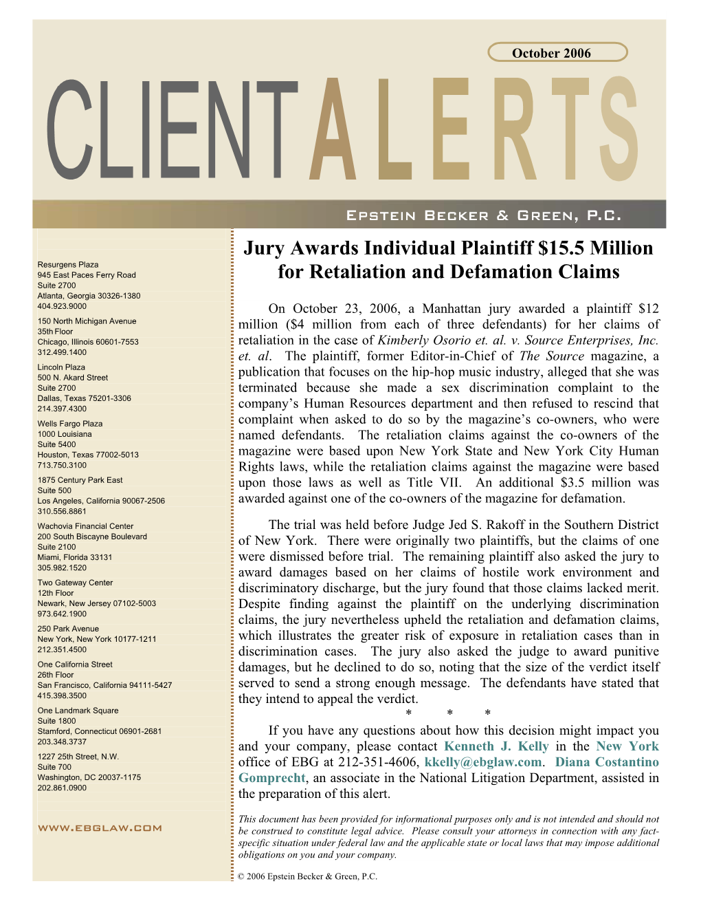 Jury Awards Individual Plaintiff $15.5 Million for Retaliation And