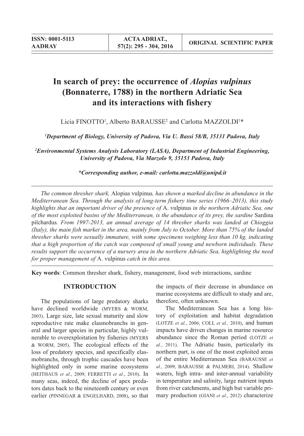 In Search of Prey: the Occurrence of Alopias Vulpinus (Bonnaterre, 1788) in the Northern Adriatic Sea and Its Interactions with Fishery