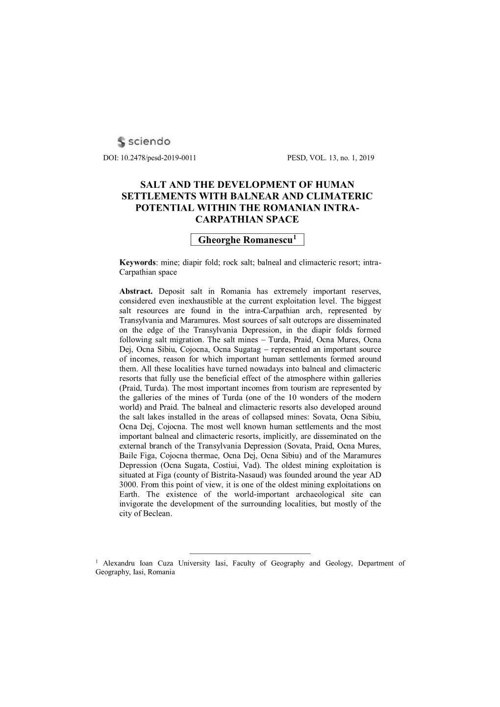 Salt and the Development of Human Settlements with Balnear and Climateric Potential Within the Romanian Intra- Carpathian Space