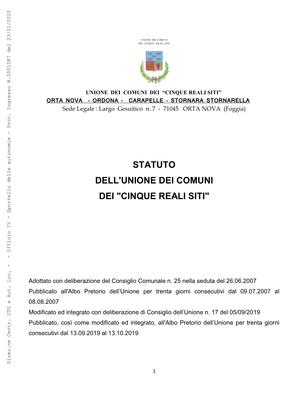 Statuto Dell'unione Dei Comuni Dei "Cinque Reali Siti"