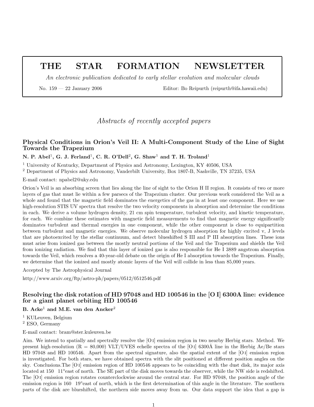 THE STAR FORMATION NEWSLETTER an Electronic Publication Dedicated to Early Stellar Evolution and Molecular Clouds